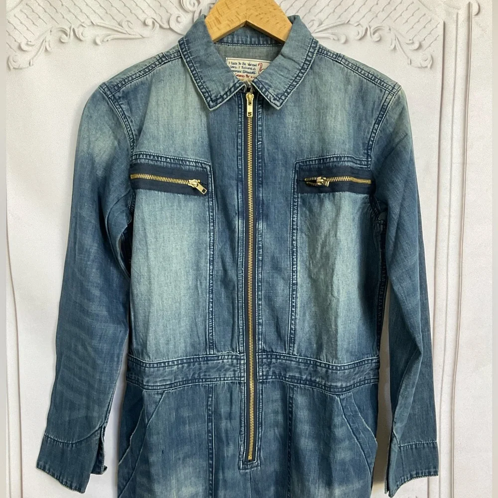 Sandrine Rose FREE PEOPLE Deep Zip Denim Jumpsuit Slouchy Small Utility Style - Picture 2 of 11